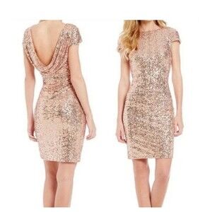 Badgely Mischka rose gold Cowl Back Swank Sequin Sheath Dress size 6 New NWT
